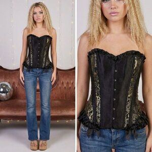 iCollection Black Corset Black Gold Dragon Brocade Asian Style Lace up Size 42